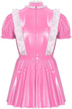 Jugaoge Mens French Maid Role Play Costumes Puff Sleeve Outfit Solid Latex Flared Dress with Apron
