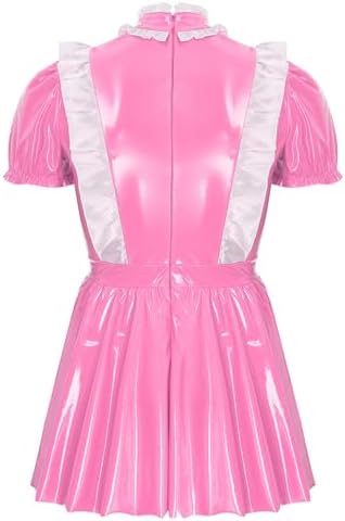 Jugaoge Mens French Maid Role Play Costumes Puff Sleeve Outfit Solid Latex Flared Dress with Apron