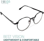 2SeeLife Round Metal Wire Rimmed Reading Glasses for Men & Women – Medium–Wide Fit, Durable, Spring Hinges, Premium Readers, Black, +2.50