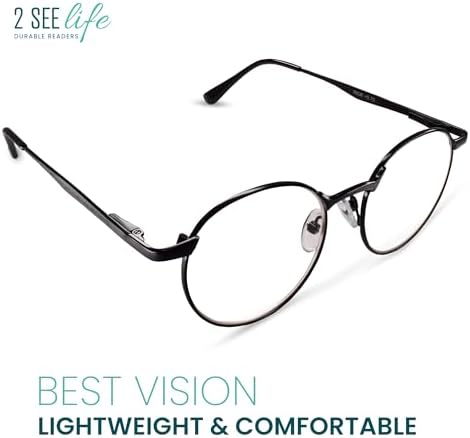 2SeeLife Round Metal Wire Rimmed Reading Glasses for Men & Women – Medium–Wide Fit, Durable, Spring Hinges, Premium Readers, Black, +3.50