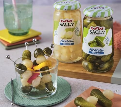 SACLA Pickled Baby Cucumbers | Italian Gherkin Pickles in Vinegar Brine | 10.59 oz Glass Jar | Crunchy & Tangy Antipasto | Non-GMO Vegan | Imported from Italy