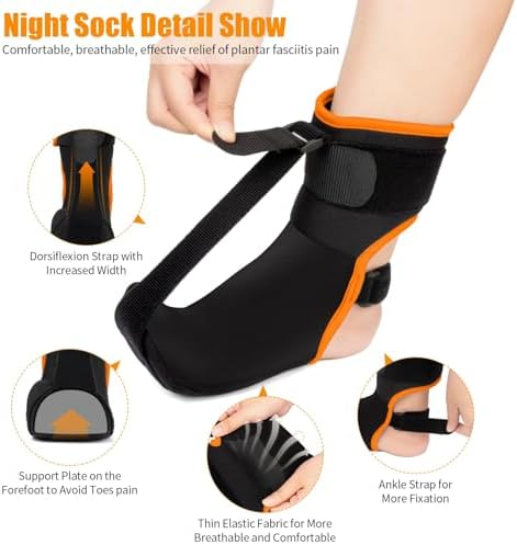 Plantar Fasciitis Night Splint Sock: Upgraded Plantar Fasciitis Brace with Support Plate for Women Men for Achilles Tendonitis Foot Drop Heel Spur Pain Relief Black-Orange Medium