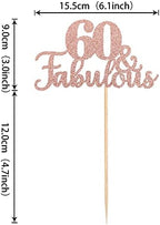 1 PCS 60 & Fabulous Cake Topper Glitter Sixty and Fabulous Cake Toppers Happy 60th Birthday Cake Pick for 60th Wedding Anniversary Birthday Party Cake Decorations Supplies Rose Gold
