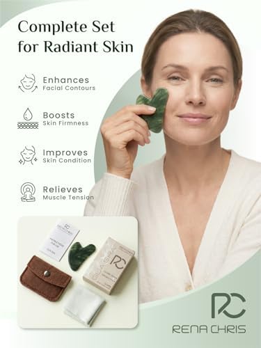 Rena Chris Gua Sha Facial Tools, Natural Jade Stone Guasha Tool for Face Massage - Face Sculpting Tool for Jawline Sculpting, Puffiness Reduction and Skincare Routine with Travel Pouch