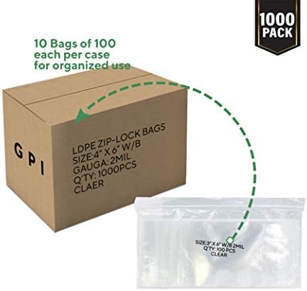 Clear Plastic Reclosable Zip Bags - GPI Case of 1000 4" x 6" 2 mil Thick Strong & Durable Poly Baggies With Resealable Zipper Top Lock & write-on white block, for storage, packaging & shipping