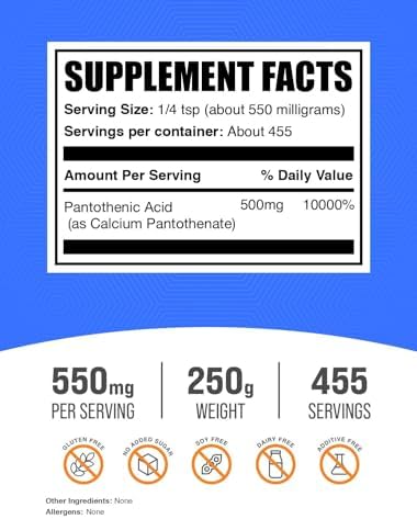 BulkSupplements.com Vitamin B5 Powder - as Calcium Pantothenate, B5 Vitamins - Gluten Free, 500mg of Vitamin B5 Pantothenic Acid per Serving, 250g (8.8 oz) (Pack of 1)