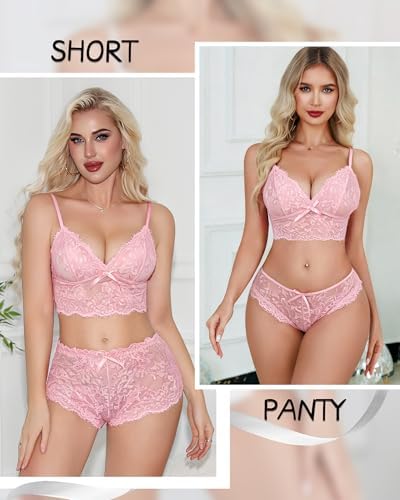 Womens Lace Lingerie Set 3 Piece Camisole Bra and Panty Set Floral Lace Sleepwear Sexy Underwear Shorts Bralettes