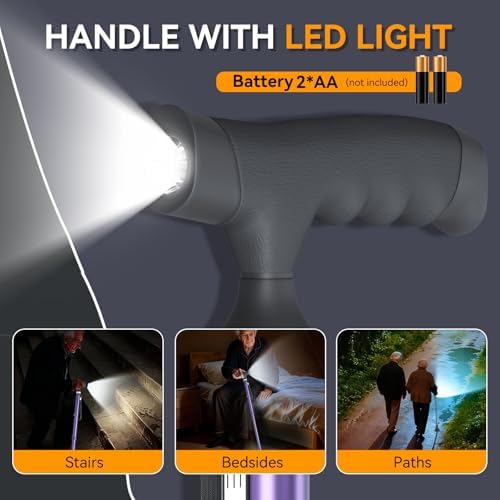 Walking Cane with LED Light for Seniors Men Women, Adjustable Folding Canes for Elderly, Ergonomic Handle & All Terrain Shock Absorbing Base, Walking Sticks for Indoor Outdoor Travel Hiking Support