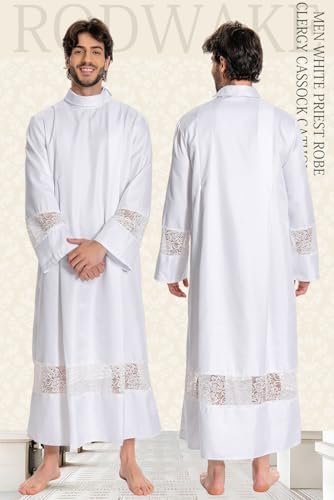 Men White Priest Robe Clergy Cassock Catholic Gown Pastor Outfits Christian Costume Halloween Cosplay