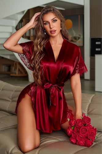Avidlove Women Lingerie Robe Satin Sleepwear Eyelash Lace Kimono Side Split Sexy Silk Robes