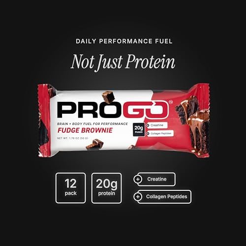 ProGo Protein Bars (12 Pack) – Brain + Body Fuel with 20g Clean Protein, Creatine & Collagen Peptides, Made with 95% Pure Isolate, Grass-Fed Beef Tallow, No Fillers, Naturally Sweetened with Honey, Gluten-Free (Fudge Brownie)