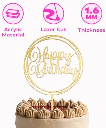 JUSTCAKETOPPERS Happy Birthday Gold Multi-Circle Acrylic Cake Topper, Elegant Birthday Cake Decoration for Party & Celebration