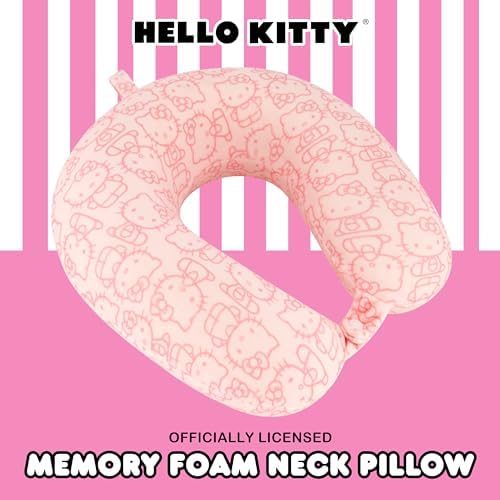 FUL Hello Kitty Neck Pillow, All Over Print Memory Foam Travel Accessories for Airplane, Car and Office, Comfortable and Breathable, Pink