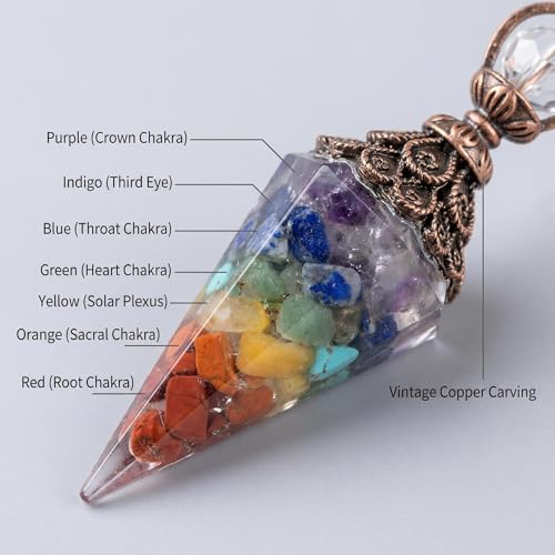 7 Chakra Healing Crystal Pendulum Necklace - 6 Faceted Hexagonal Pointed Cone Gemstone Pendant - Reiki Wicca Spiritual Divination Dowsing Tool with Chain - Natural Stone Energy Jewelry for Meditation