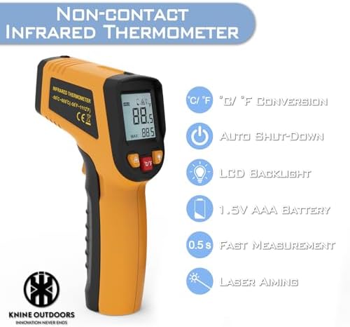 KNINE OUTDOORS Infrared Thermometer Laser Temperature Gun, -58℉ to 1112℉, Single Laser Targeting, Distance to Spot Ratio 12:1, for Cooking, Oven and Meat (Orange)