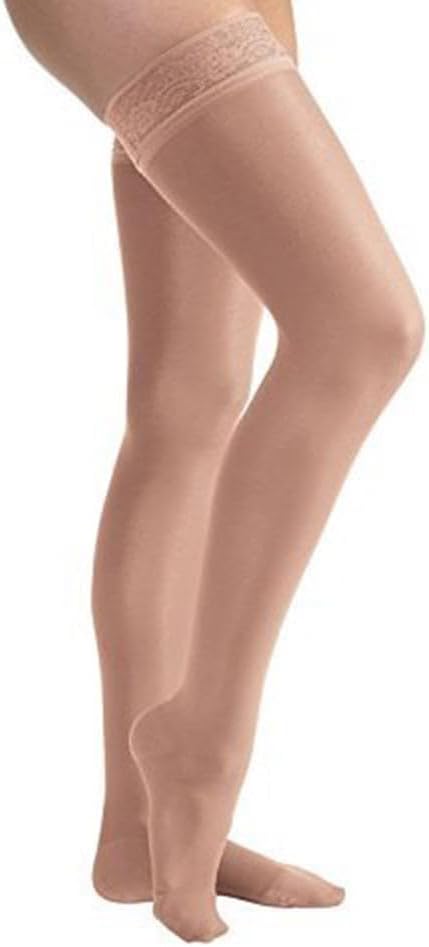 JOBST UltraSheer Thigh High with Lace Silicone Top Band, 15-20 mmHg Compression Stockings, Closed Toe, Medium, Suntan