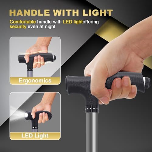 BigAlex Alloy Folding Cane with Seat, Lightweight Adjustable Walking Cane with Seat, Cane Seat with LED for Seniors, Cane Chair for Woman/Man,Anti-Slip Walking Stick for Seniors
