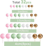 32 Pcs Ball Cake Topper Decorations Balloons Cupcake Topper DIY Cake Insert Topper Foam Cake Balls Cake Decorations for Wedding Anniversary Birthday Cake Decorating (Green,Pink,White,Gold)
