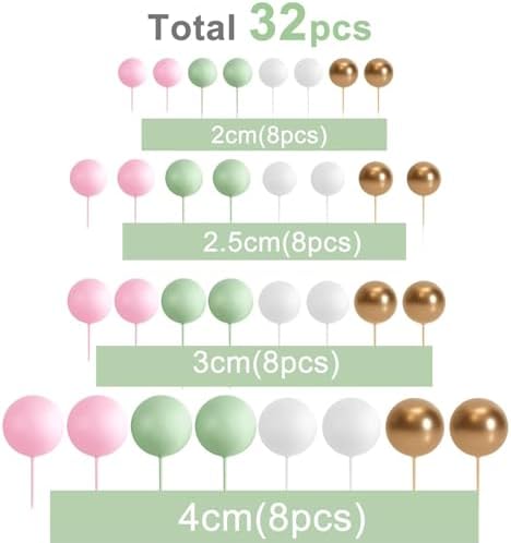 32 Pcs Ball Cake Topper Decorations Balloons Cupcake Topper DIY Cake Insert Topper Foam Cake Balls Cake Decorations for Wedding Anniversary Birthday Cake Decorating (Green,Pink,White,Gold)
