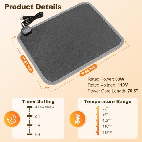 Heated Floor Mat for Foot Warmer - 110V Adjustable Temperature Under Desk Electric Heater with Timer for Office Bathroom Home, Heating Pad for Cold Feet