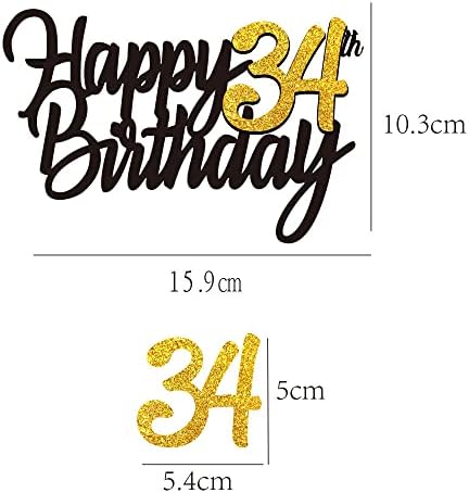Happy 34th Birthday Cake Toppers Glitter 34th Anniversary Cake Topper 34 Years Loved Bday Decorations 34 Gold Birthday Cake Decorations Thirty-four Party Supplies for Women Men(Black Gold)