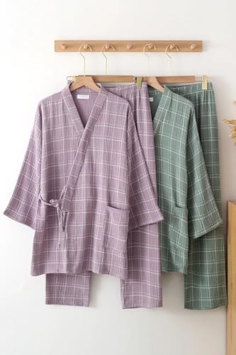 REHJJDFD Women Cotton Kimono Two-Piece Long Sleeve Trousers Loose Couple Pajamas Set