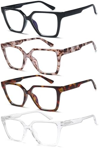 EYEURL 4 Pack Fashion Oversized Reading Glasses for Women Men Blue Light Blocking Computer Square Readers with Spring Hinge Designer Ladies Large Frame Square Anti UV Ray Eyeglasses 2.0