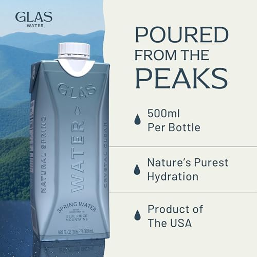 GLAS Water Natural Spring Water (12 Pack) 16.9oz / 500ml Boxed Water | Eco-Friendly Box with Plant-Based Cap | Sustainable Bottled Spring Water Alternative | Non-BPA, Recyclable Boxed