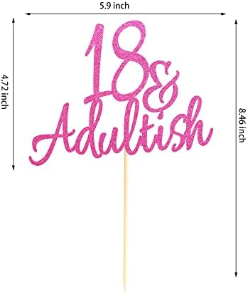 18 & Adult-ish Cake Topper, 18 and Adultish Cake Pick, Time to Adult/Eighteen Birthday Cake Decor, Happy 18th Birthday Party Decoration Supplies - Pink Glitter
