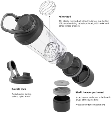 21oz Protein Shaker Bottle with Powder Storage Container-Shaker Cups for Protein Shakes-pre workout bottle-Mixer Cup-Gym Sport Water Bottle -Made with Tritan BPA Free,with Wire Whisk Balls (Black)