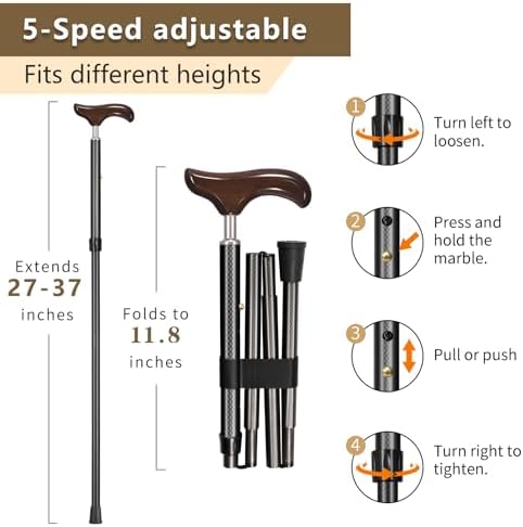 Wooden Handle Walking Cane - Carbon Fiber, Foldable and Adjustable, for Men and Women, Elderly and Seniors