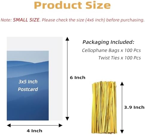Yotelab Cellophane Treat Bags, Small 4x6 Inches Cellophane Bags With Twist Ties,100 Pcs