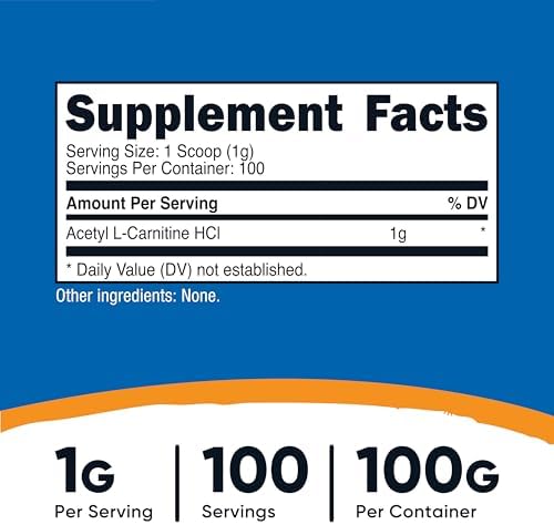 Nutricost Acetyl L-Carnitine HCI (ALCAR) 100 Grams per Container - 1G Per Serving - Non-GMO, Gluten Free, Unflavored
