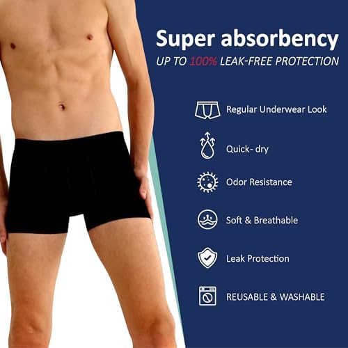 Washable Urinary Incontinence Underwear for Men Front Absorbent Leak Proof Boxer Briefs for Bladder Control 2 Pack (Large, Black)