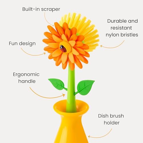 Vigar Flower Power Dish Brush with Handle and Vase Dish Brush Holder, Kitchen Scrub Brush for Pot Scrubber, Dishes, and Sink Cleaning, Orange, Green