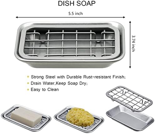 Kitchen and Bathroom Soap Dish Tray - Metal 2-Piece Soap Dish Tray with Drainage Grid and Holder for Kitchen Sink Countertops to Store Soap, Sponges, Scrubbers - Rust Resistant (2 Pack, Silver)