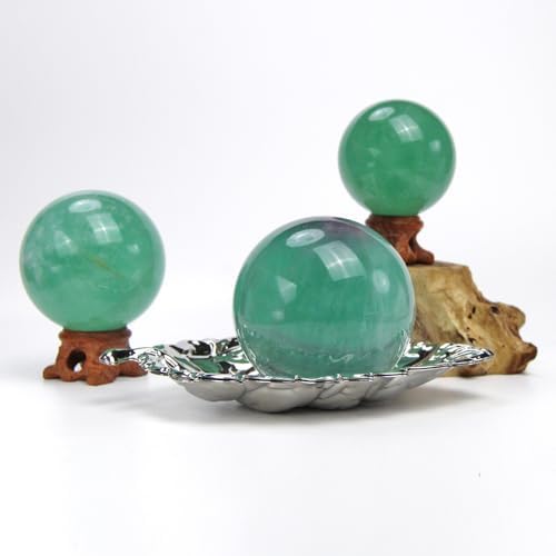 KINO 60mm Green Fluorite Crystal Quartz Sphere with Wood Stand Natural Crystal Healing Mineral Love Stone Ball Divination Sphere Collection(Green Fluorite, 60mm)