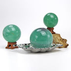 KINO 60mm Green Fluorite Crystal Quartz Sphere with Wood Stand Natural Crystal Healing Mineral Love Stone Ball Divination Sphere Collection(Green Fluorite, 60mm)