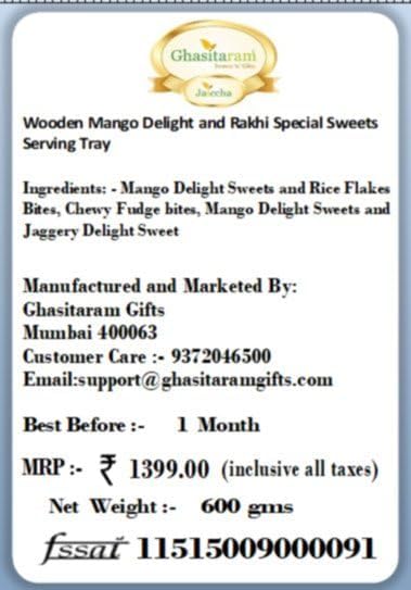 Ghasitaram Gifts Rakhi Gifts for Brothers Rakhi Sweets - Wooden Mango Delight and Rakhi Special Sweets Serving Tray with 2 Beads Rakhi
