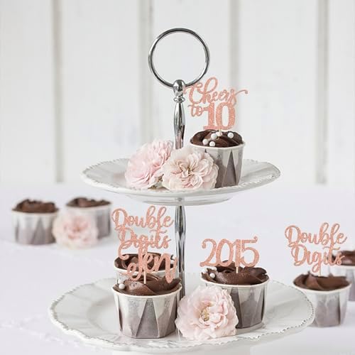 24 Pack 10th Birthday Cupcake Toppers Glitter Ten Since 2015 Hello 10 Years Birthday 10 Cupcake Picks Double Digits Cake Decorations for Happy 10th Birthday Anniversary Party Supplies Rose Gold