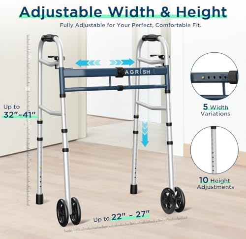 Dual Wheel Bariatric Walker for Seniors – Width & Height Adjustable Narrow Standard Walker, Lightweight Heavy Duty Folding Walker for Elderly & Disabled