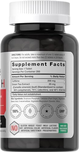 Horbäach Caffeine Pills 200mg | with Green Tea | 200 Tablets | Vegetarian, Non-GMO & Gluten Free