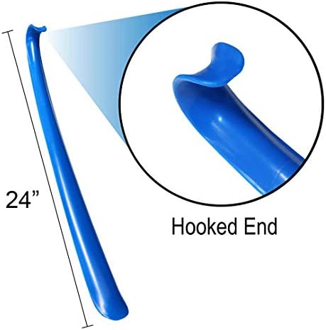 Rehabilitation Advantage 2 Pack Long Blue Plastic Shoehorn Lightweight Shoe Helper Curved Handle Hanging Loop Hooked End