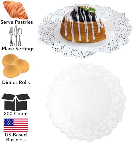 Iconikal 200-Count White Paper Lace Doilies, White 6.5 inches Decorative Placemats For Cakes, Desserts & Table Settings