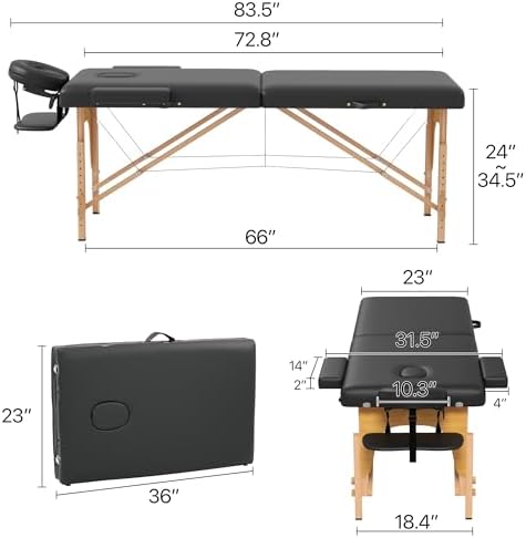 HENGJIANYI Massage Table, Portable 2 Section Foldable Tattoo Bed, Height Adjustable Lash Spa Bed with Face Cradle, Home Light Weight Facial Salon Bed with Wood Frame, Black