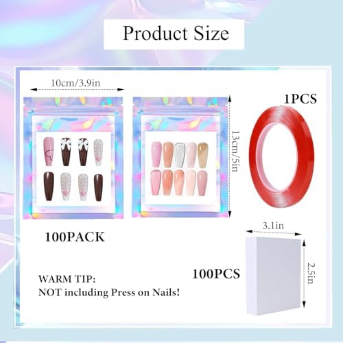 100PCS Press on Nail Packaging Bag and 100PCS White Cardboard Tips Packaging Bags Empty Holographic Storage Bags With 1 Roll Transparent Tape for Press on Business (Laser, Small)