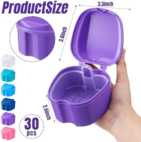 Zubebe 30 Pcs Denture Bath Retainer Case Holder Bulk with Strainer Basket Dental Cup Denture Soaking Container False Teeth Storage Box for Travel Cleaning Brace Mouth Guard, 5 Colors