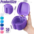 Zubebe 30 Pcs Denture Bath Retainer Case Holder Bulk with Strainer Basket Dental Cup Denture Soaking Container False Teeth Storage Box for Travel Cleaning Brace Mouth Guard, 5 Colors