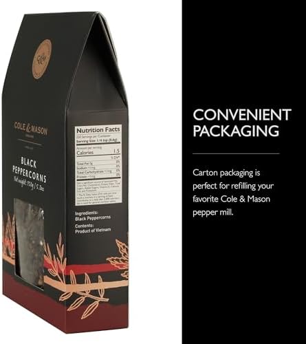 Cole & Mason Gourmet Spice Refill Box - Pairs Well with Chicken, Beef, Pork and More - Peppercorn for Pepper Mill Grinder - Black Pepper 5.3 oz Box