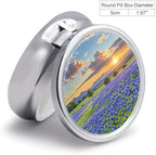 Texas Bluebonnets Scenery Pill Box Portable Mini Travel Pill Organizer Holder 3 Compartment Decorative Round Pills Case Exquisite Daily Vitamin Container for Cod Liver Oil